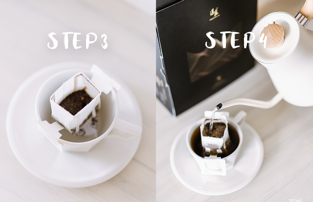 Step3.悶蒸：確定咖啡粉都有注水，但水不可以太多滴出粉包。Step4.澆繞：勇敢畫圈注水，湛盧濾掛式咖啡水量約150~180c.c.。