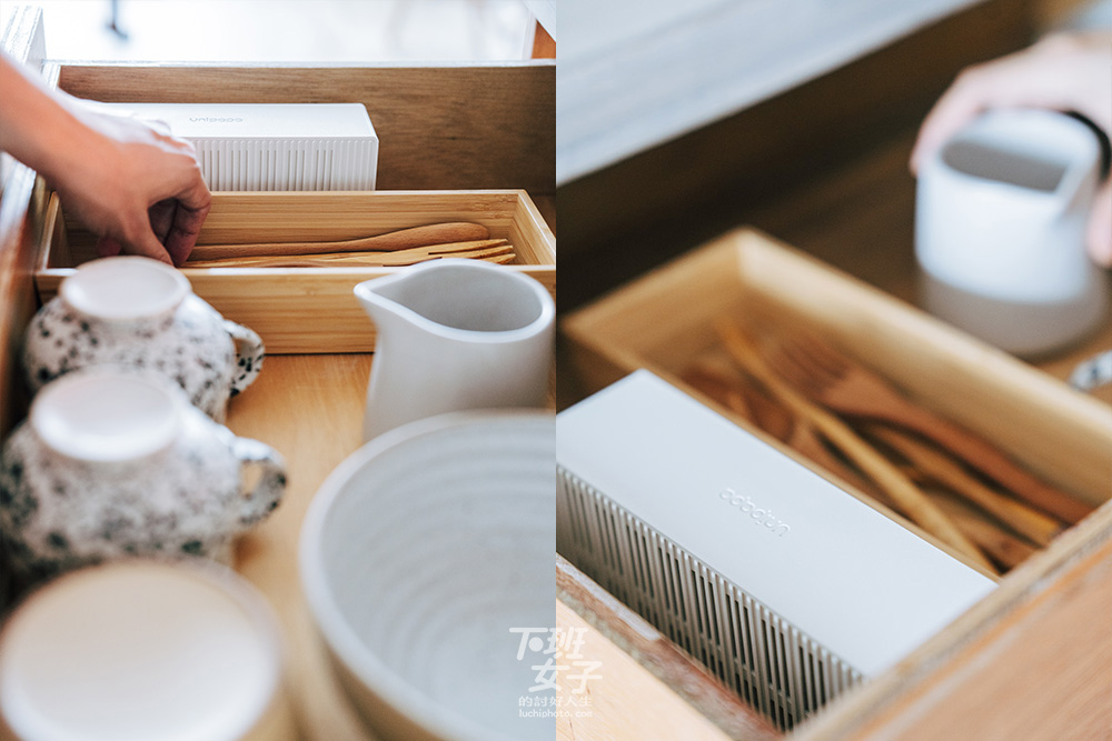 有時候木頭或竹製餐具，經過洗滌很容易發霉，所以櫥櫃、碗盤櫃也都很適合放個Loop 循環除濕盒。